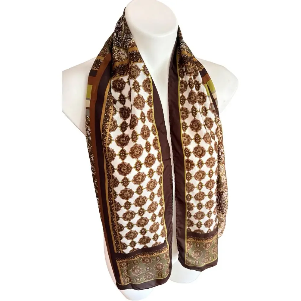 Vintage 70s Oscar de la Renta Silk Scarf Brown Olive Paisley 11x54 Oblong